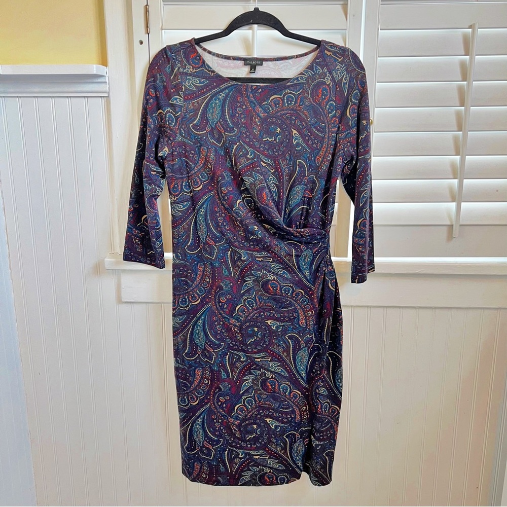 Talbots Burgundy & Navy Paisley Side Twist Pullover Sheath Dress Size Medium